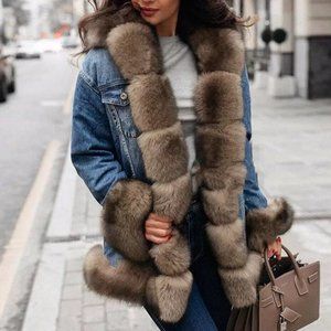 Natural 100% Genuine Fox Fur Trim Denim Coat